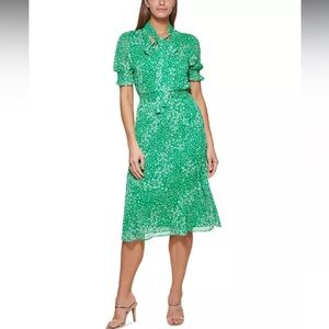 DKNY Printed Green White Floral Tie-Neck Midi Dress